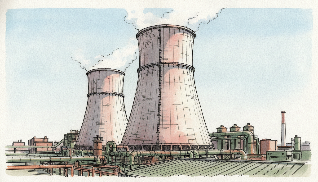 Cooling towers of the Duisburg steel plant (Thyssenkrupp) during a heatwave