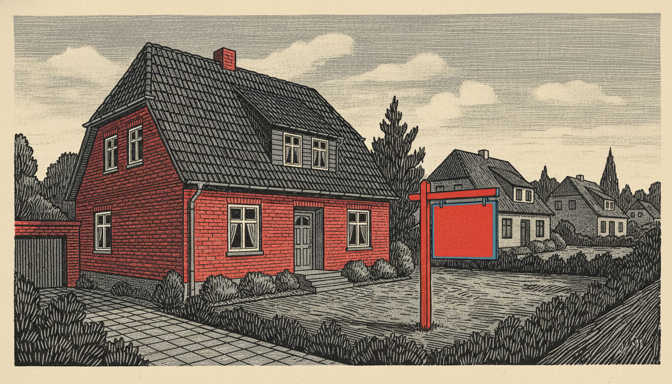 Detached single-family house in a German suburb with a bright red "Zu verkaufen" (For Sale) sign
