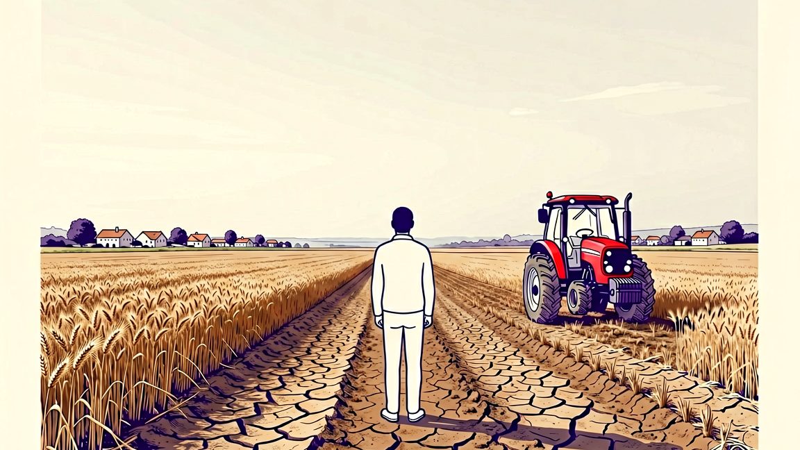 a drought‑stricken French cereal field with cracked soil