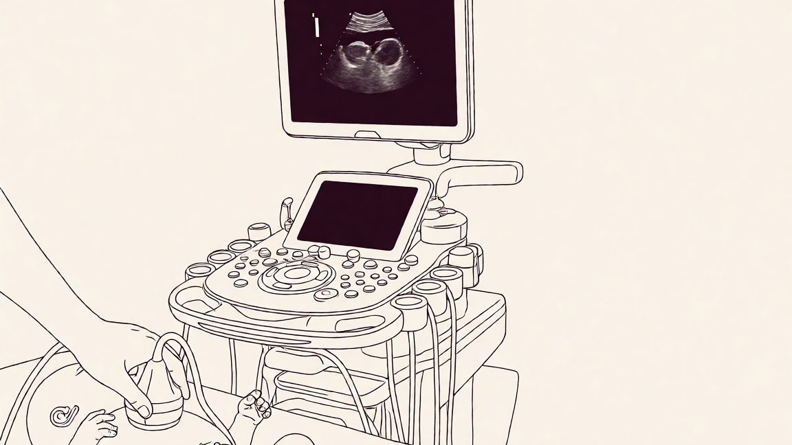 GE LOGIQ E9 ultrasound system used in a neonatal examination room at Rigshospitalet, Copenhagen