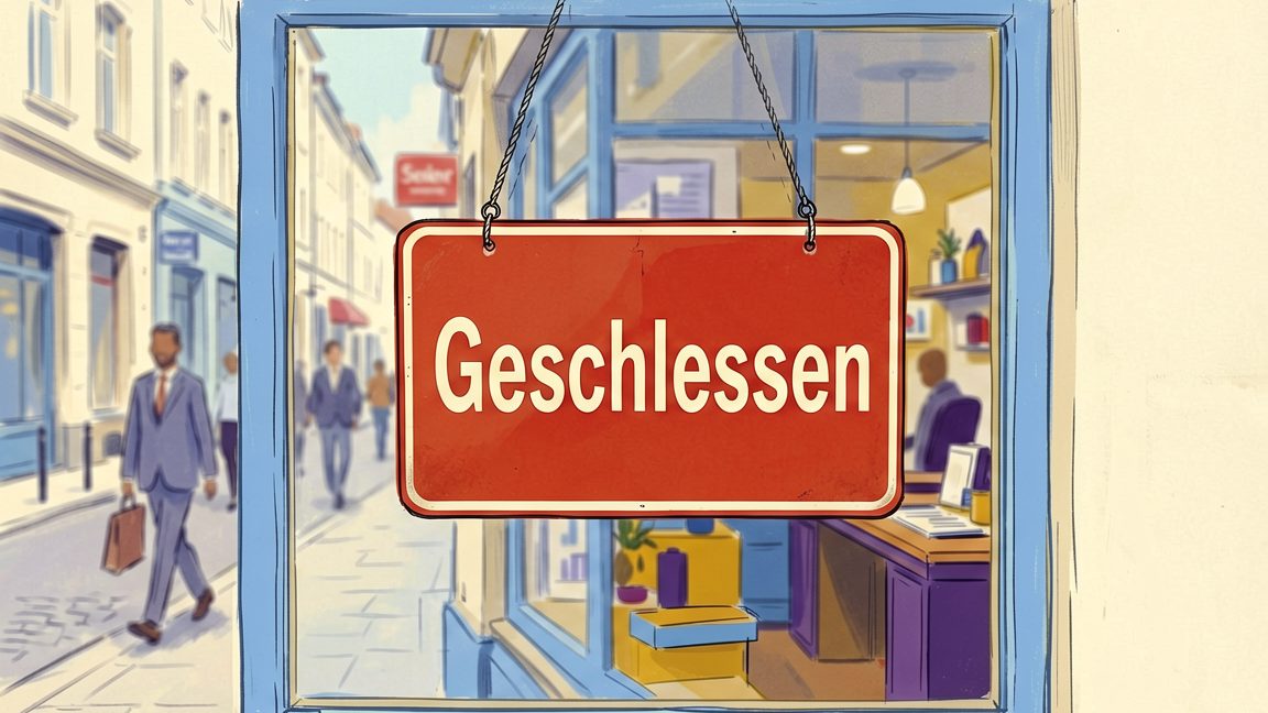 Red 'Geschlossen' (Closed) sign hanging in the front window of a German service business such as a hair salon