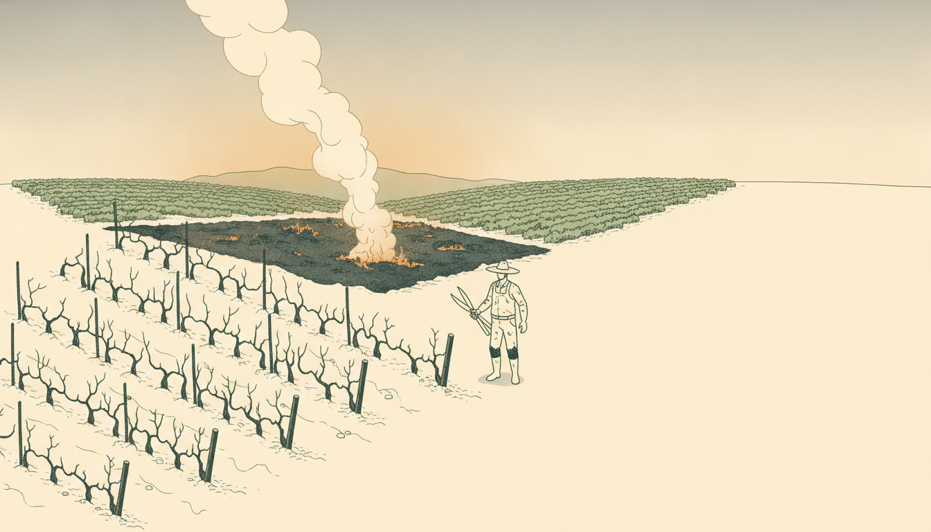 Burnt vineyard in the Bordeaux wine region, France